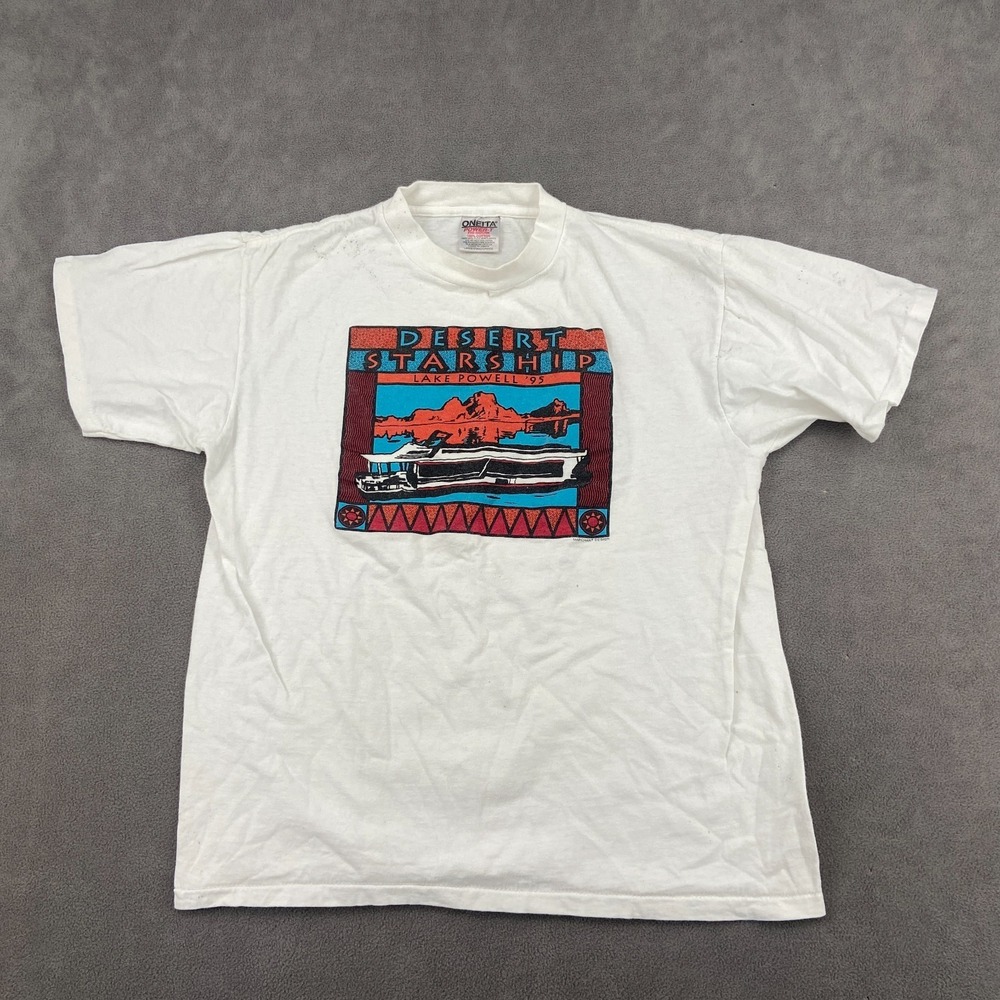 Vintage Oneita Power T Shirt Mens Large White Cotton Desert Starship Lake Powell